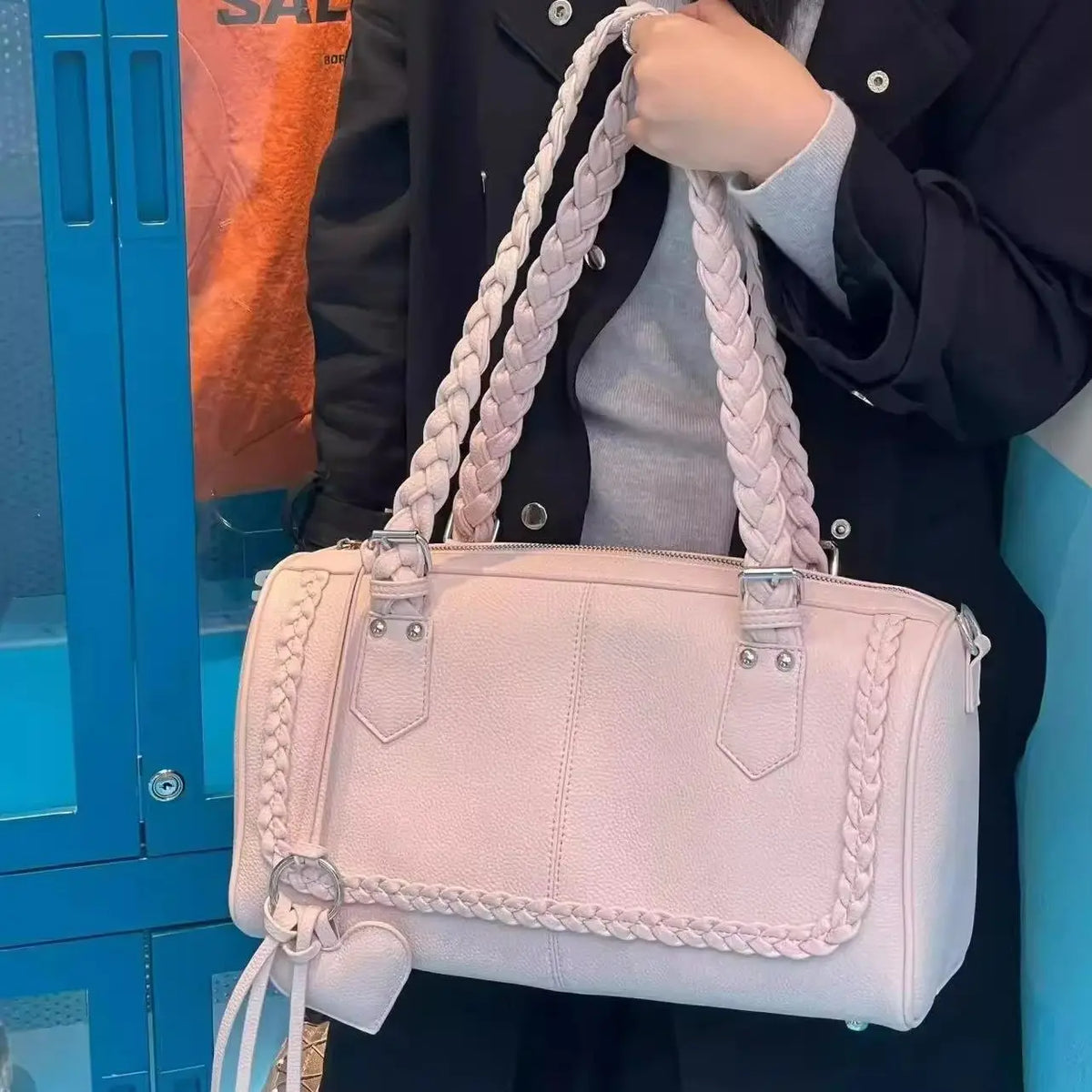 Braided-Handle Bowling Shoulder Bag