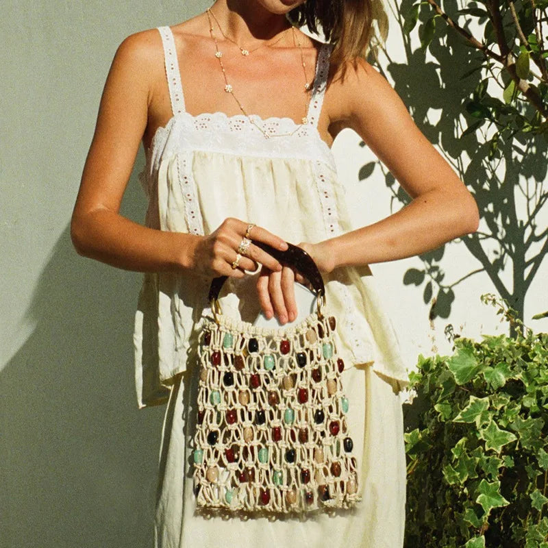 Beaded Openwork Top-Handle Bag