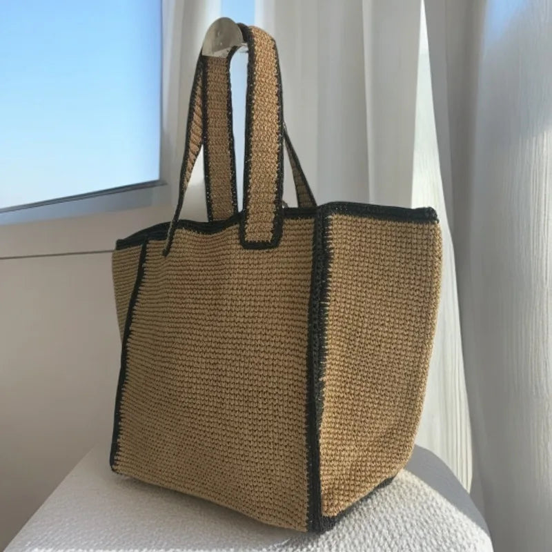 Contrast-Trim Woven Tote Bag