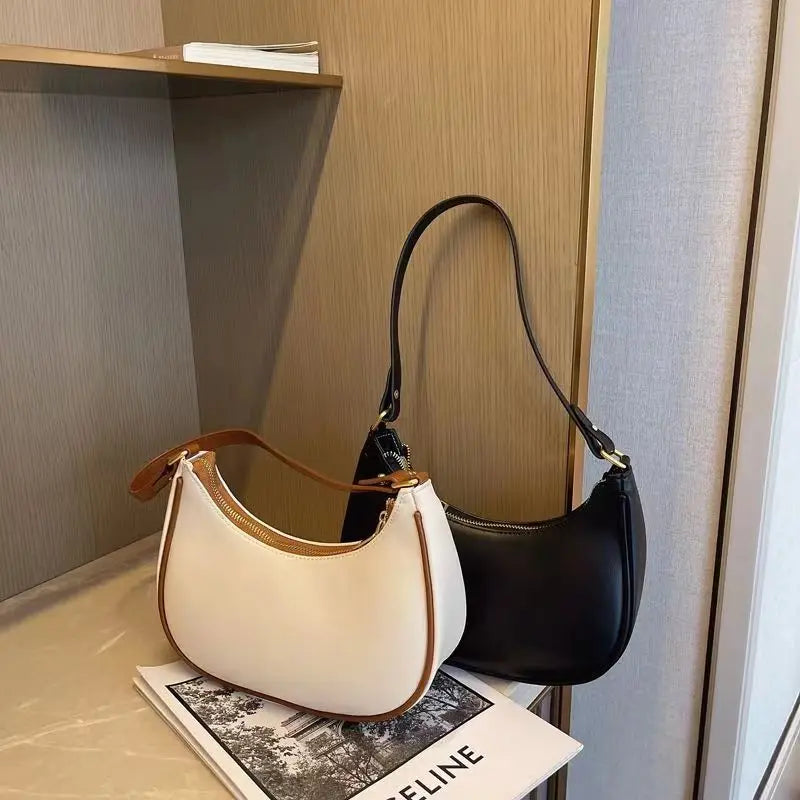 Curved Contrast-Trim Shoulder Bag