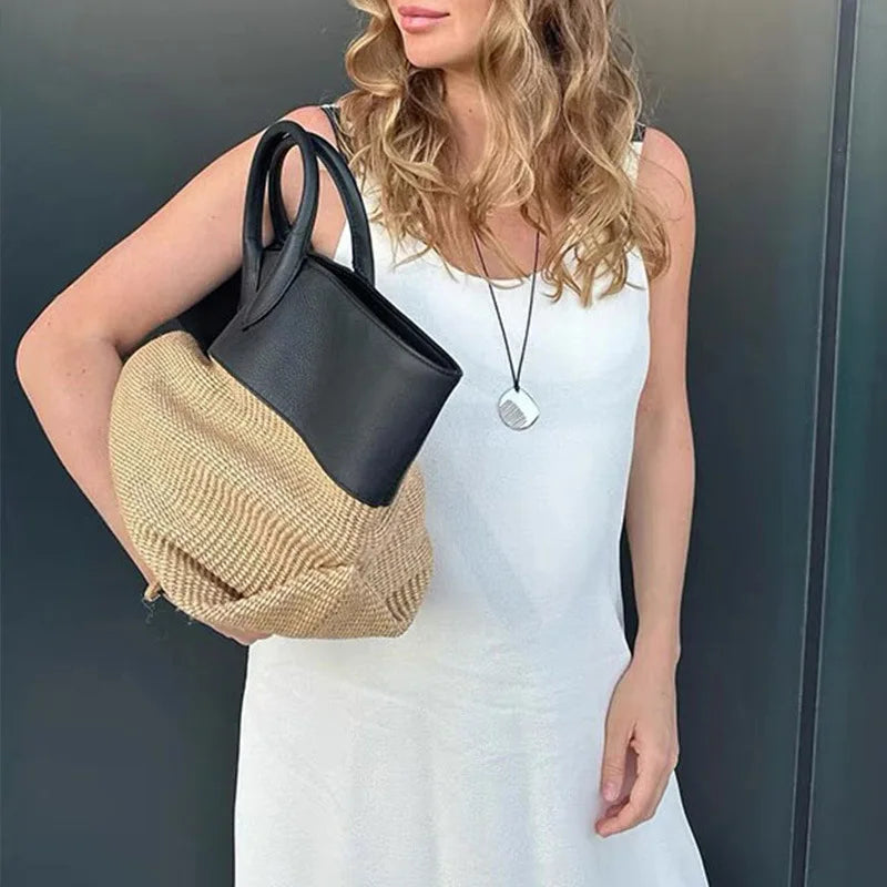 Contrast-Panel Woven Tote Bag