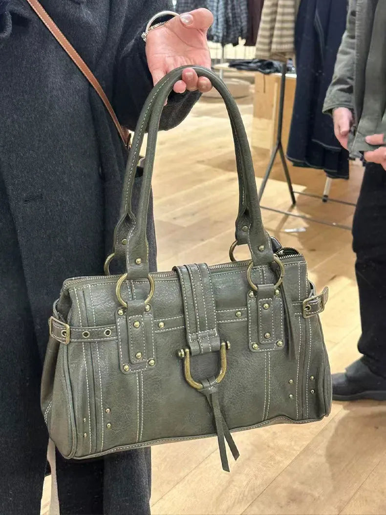 Buckled Studded Shoulder Bag