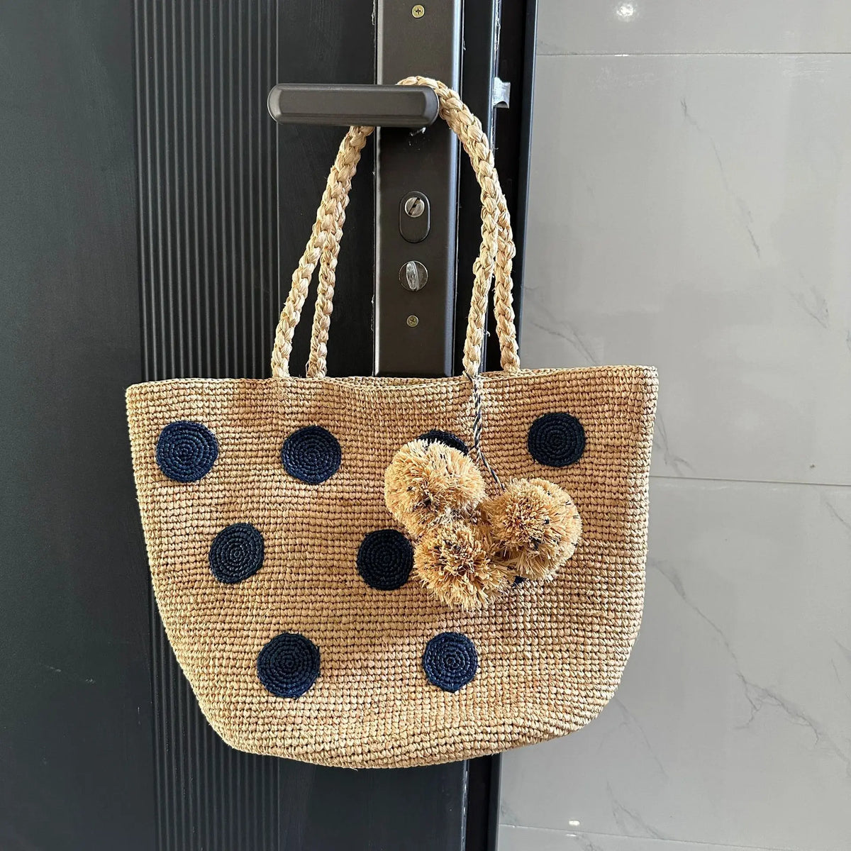 Polka-Dot Woven Tote Bag