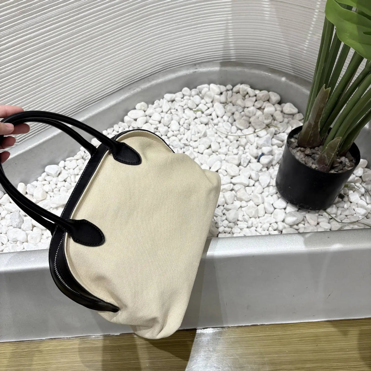 Contrast-Handle Top-Handle Bag