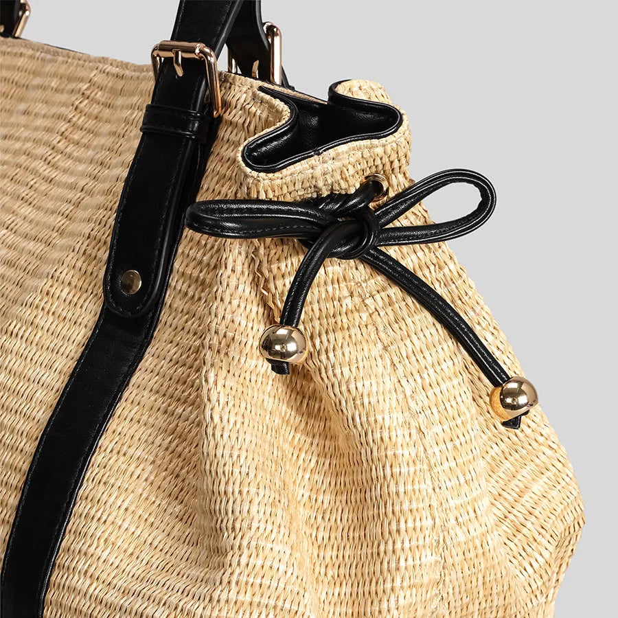 Contrast-Strap Woven Shoulder Bag