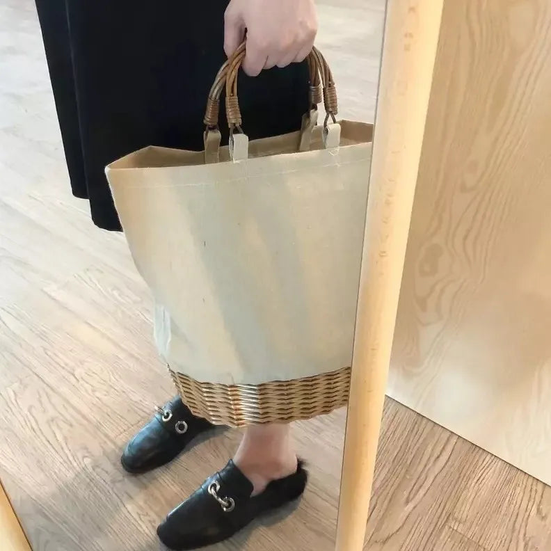 Woven-Base Bucket Tote Bag