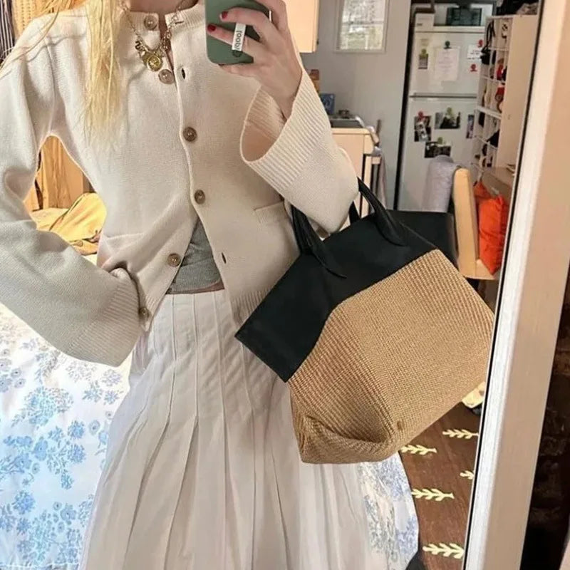 Contrast-Panel Woven Tote Bag