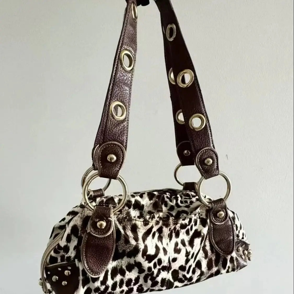 Leopard-Print Grommet Shoulder Bag