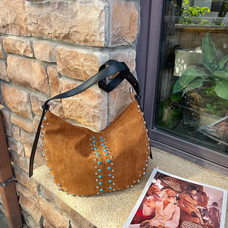Studded Crescent Shoulder Bag
