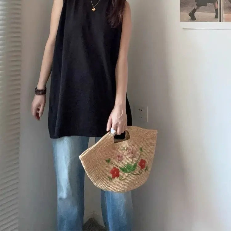 Floral Embroidered Woven Basket Bag