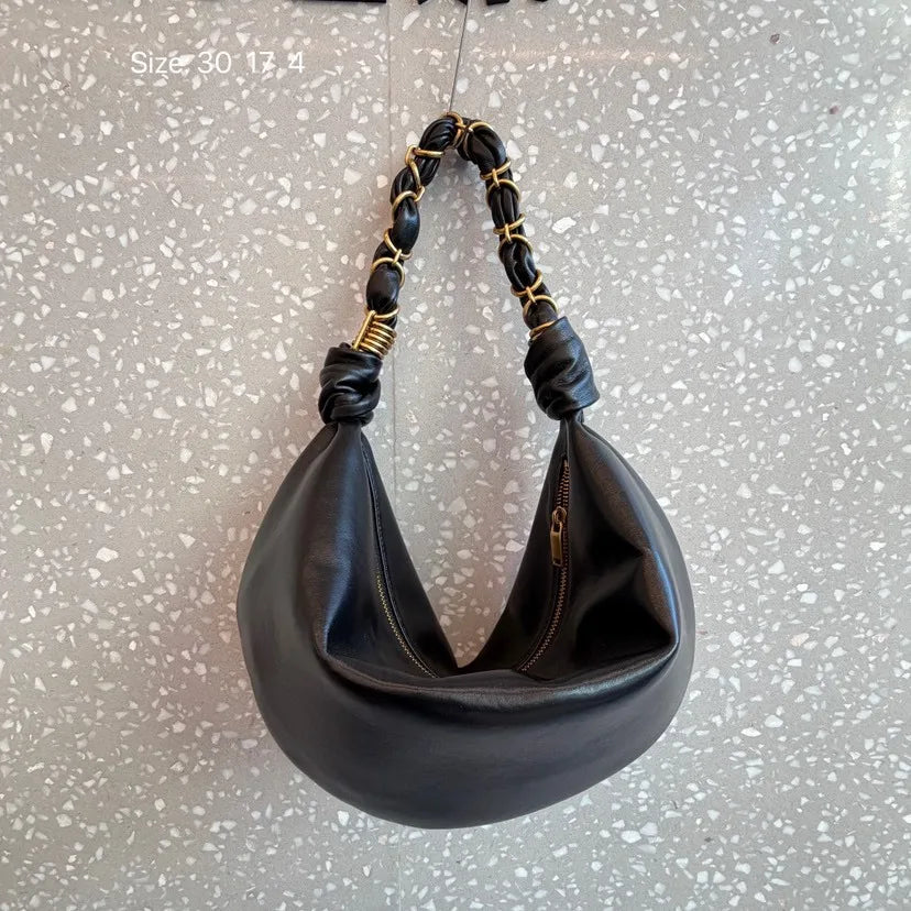 Chain-Trim Crescent Shoulder Bag