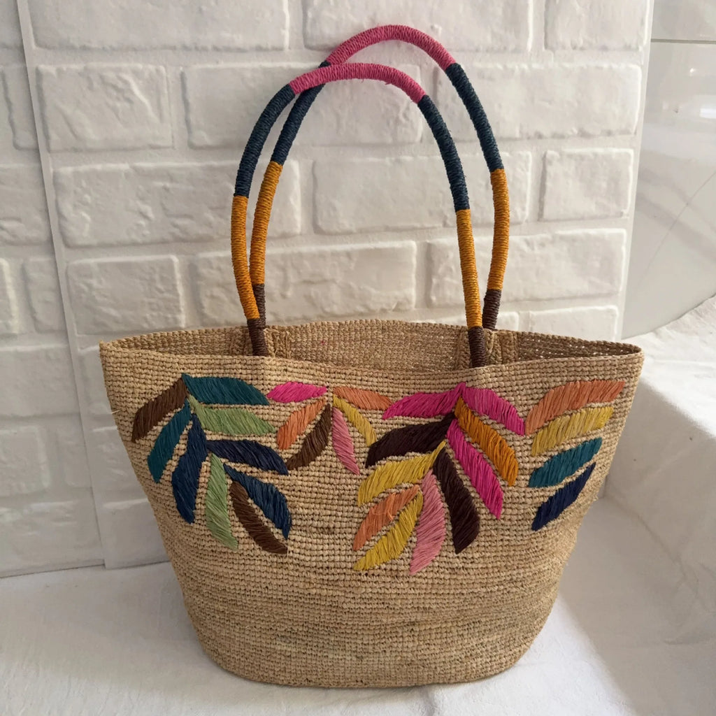 Leaf Embroidered Woven Tote