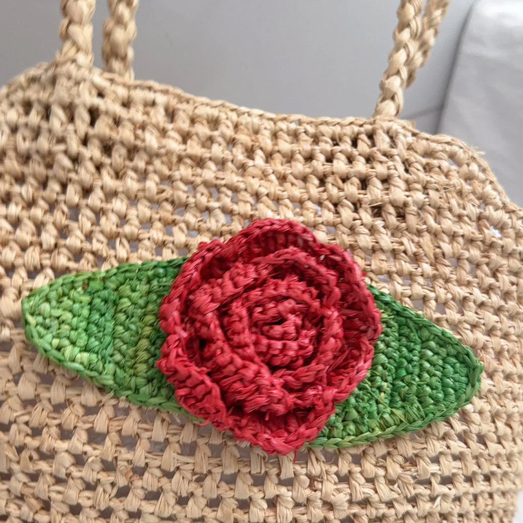 Rose-Applique Woven Tote Bag
