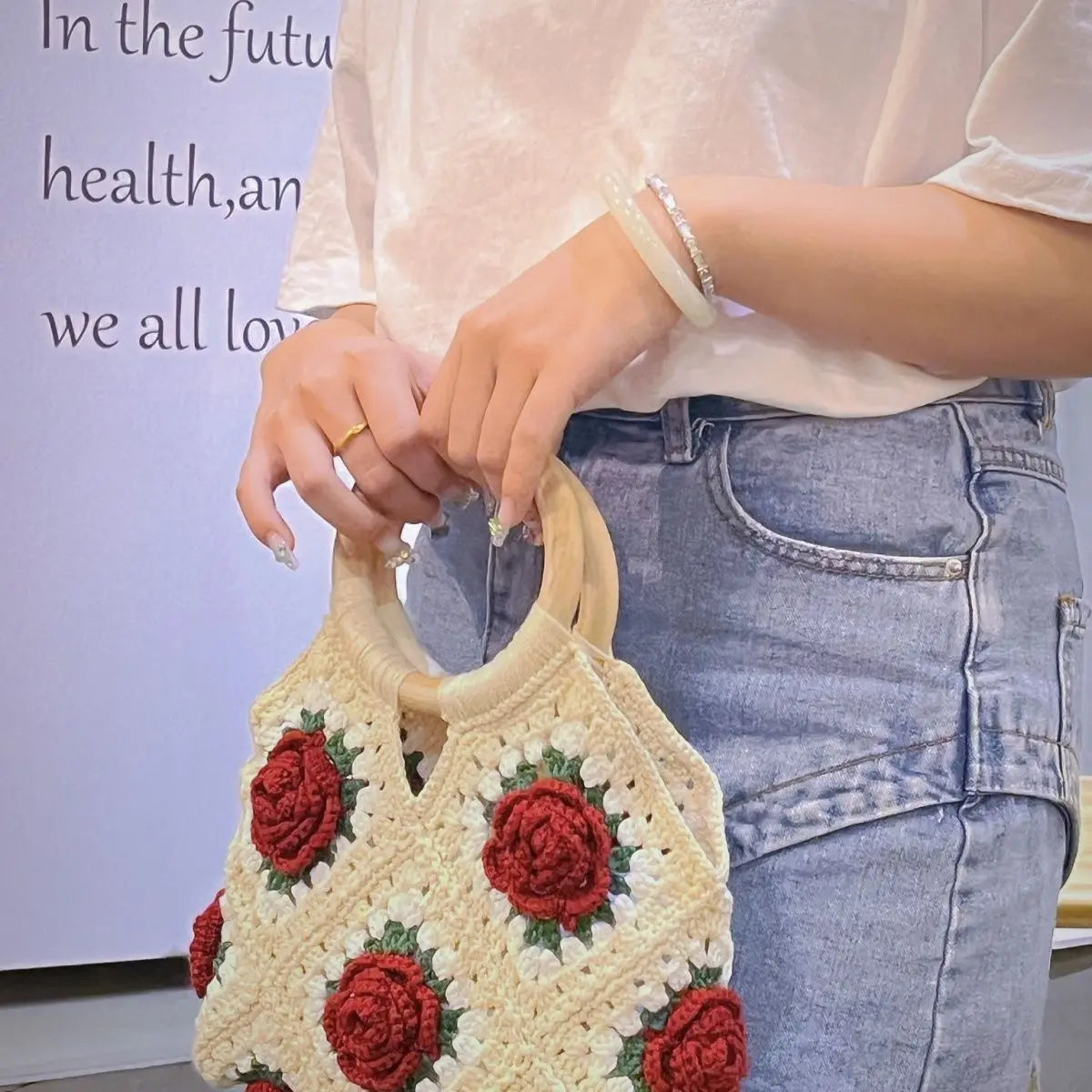 Floral Applique Round-Handle Handbag