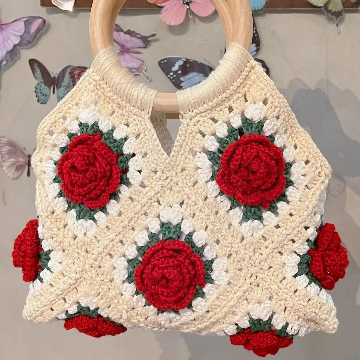 Floral Applique Round-Handle Handbag