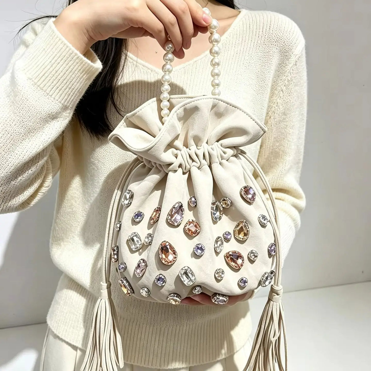 Embellished Drawstring Bucket Bag