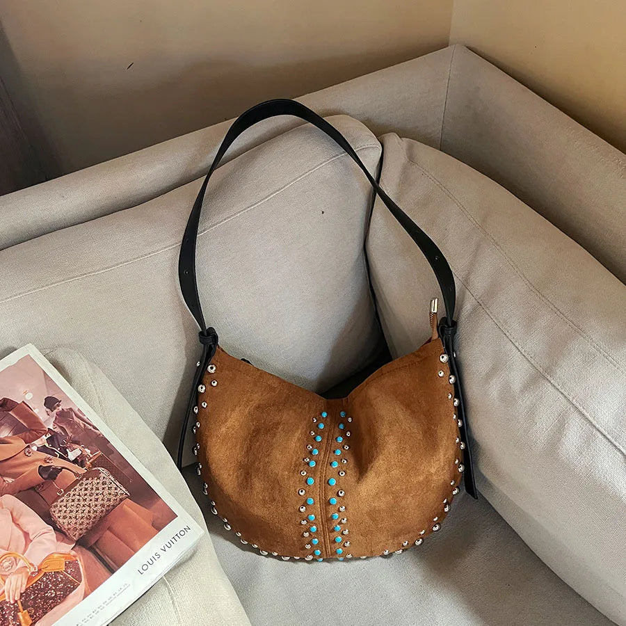 Studded Crescent Shoulder Bag