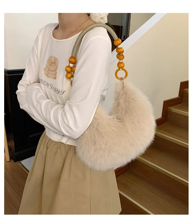 Beaded Handle Plush Handbag
