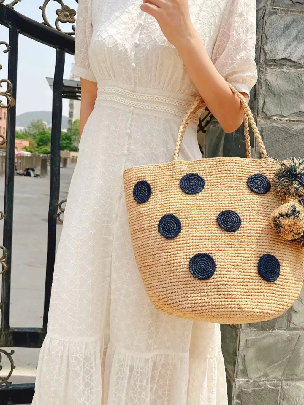 Polka-Dot Woven Tote Bag