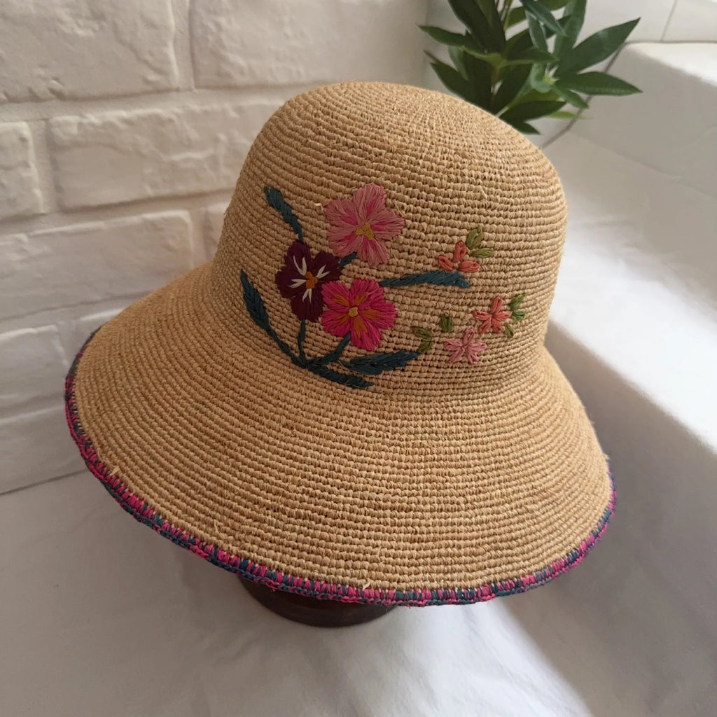 Floral Embroidered Woven Sun Hat
