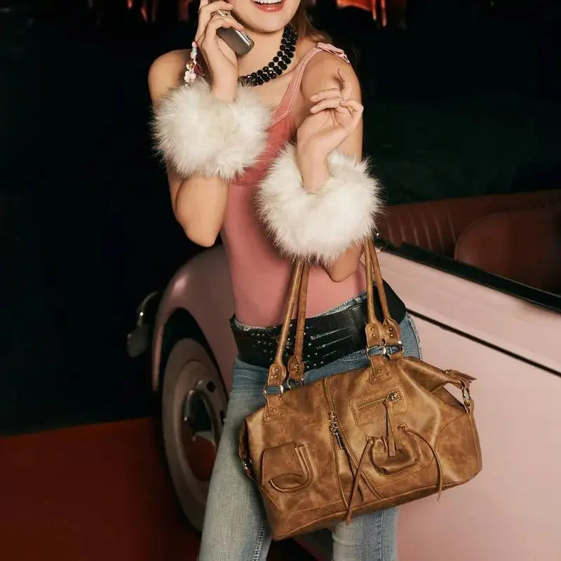 Double-Handle Pocket Shoulder Bag