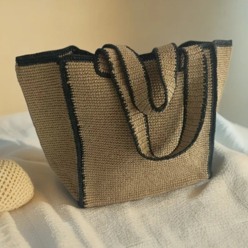 Contrast-Trim Woven Tote Bag
