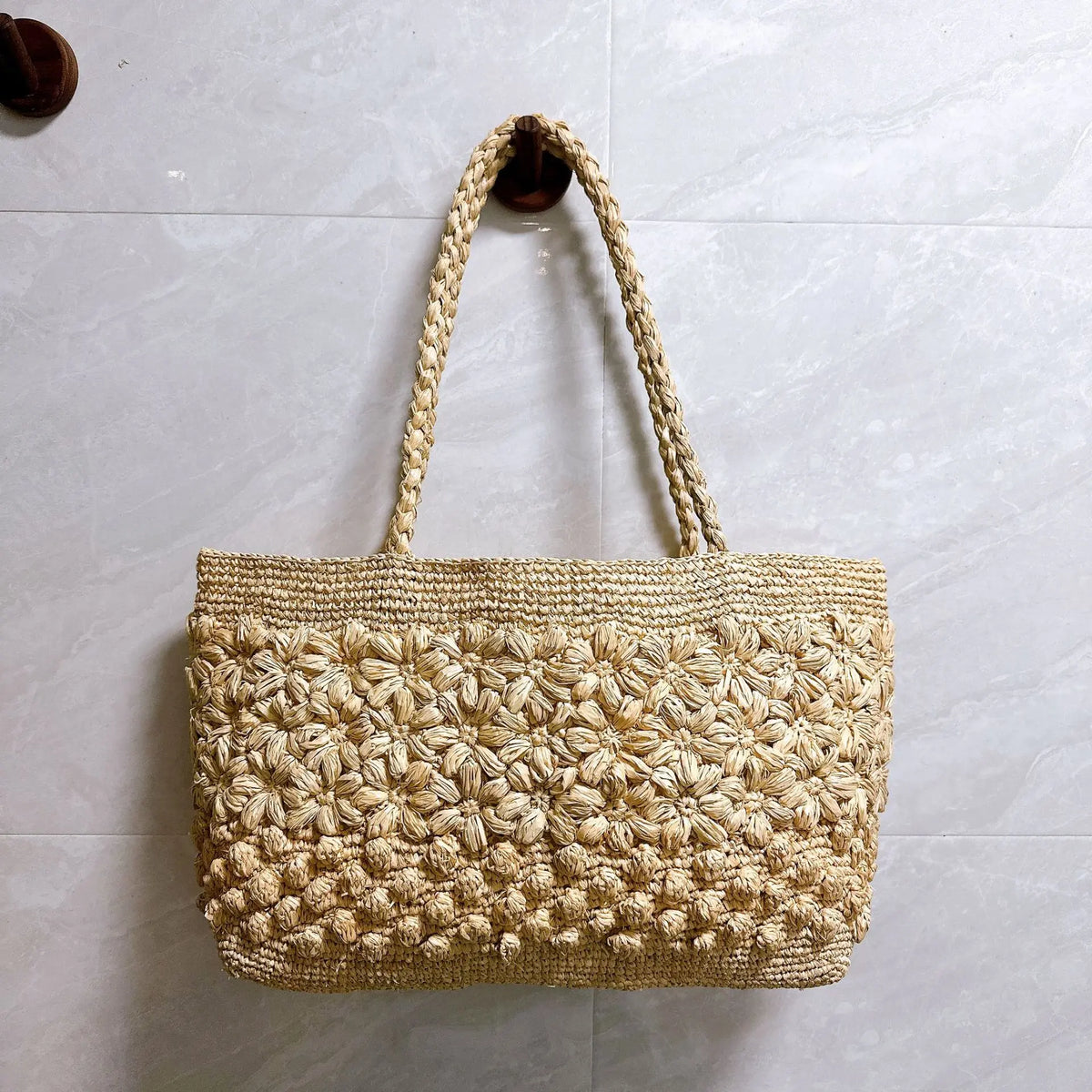 Floral-Textured Woven Tote Bag