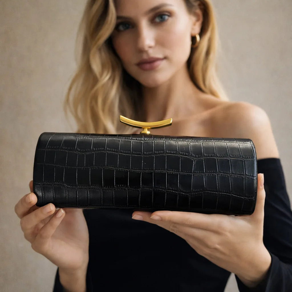 Croc-Embossed Cylinder Clutch Bag