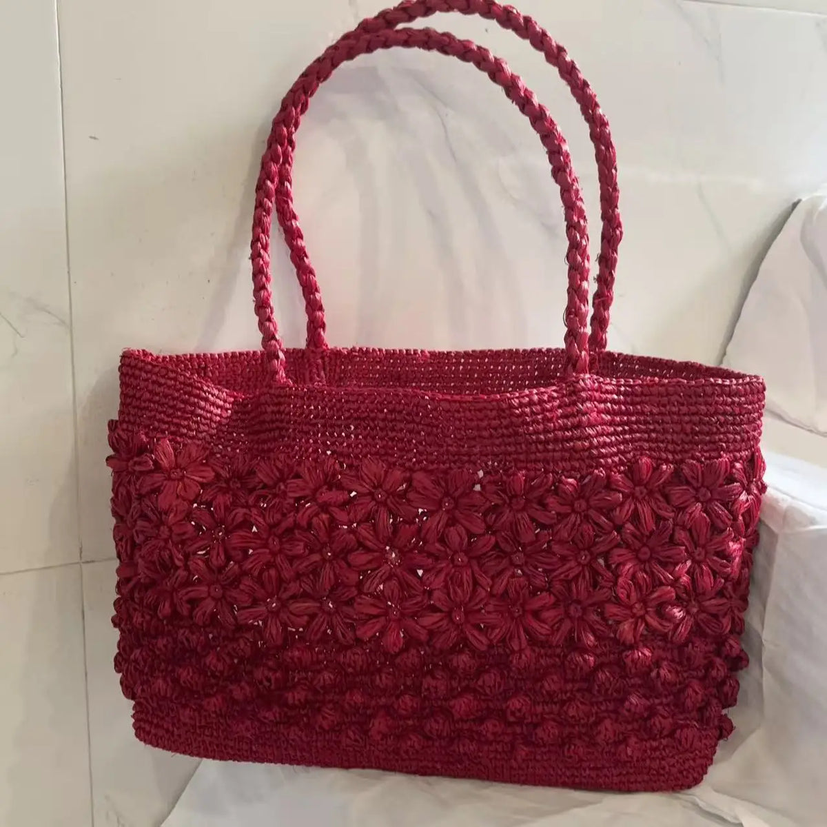 Floral-Textured Woven Tote Bag