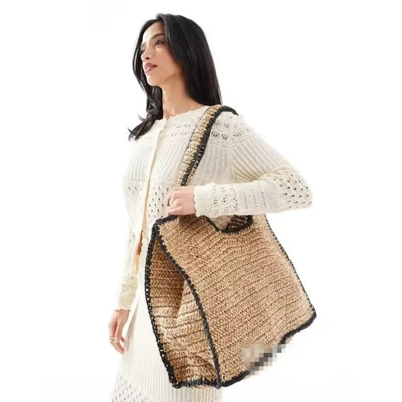 Contrast-Trim Woven Tote Bag