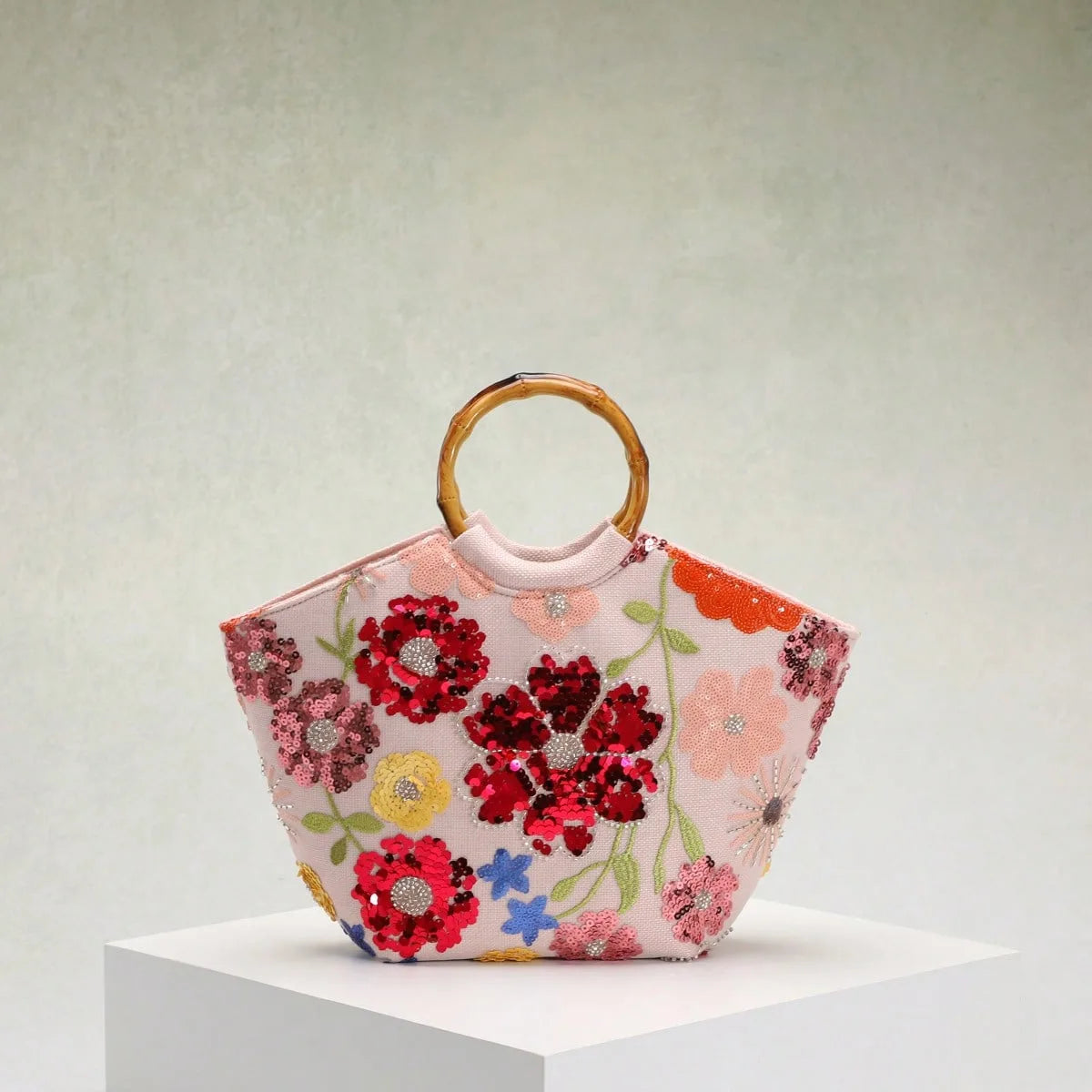 Floral Sequin Round-Handle Tote