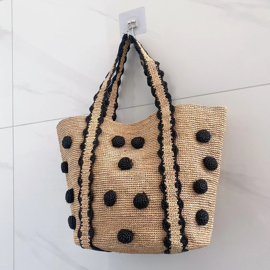 Dot-Detail Woven Tote Bag