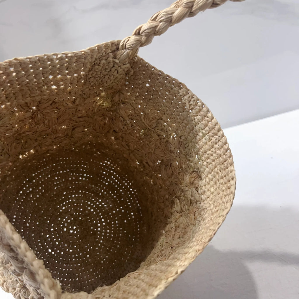 Floral-Textured Woven Bucket Bag