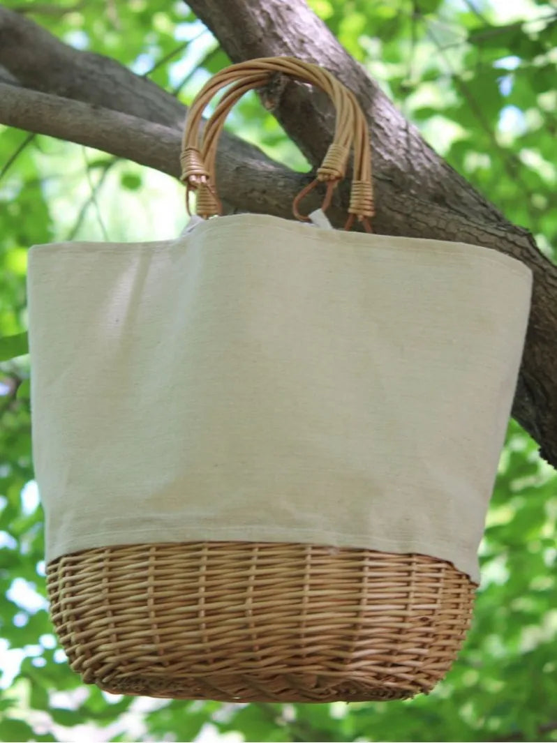 Woven-Base Bucket Tote Bag