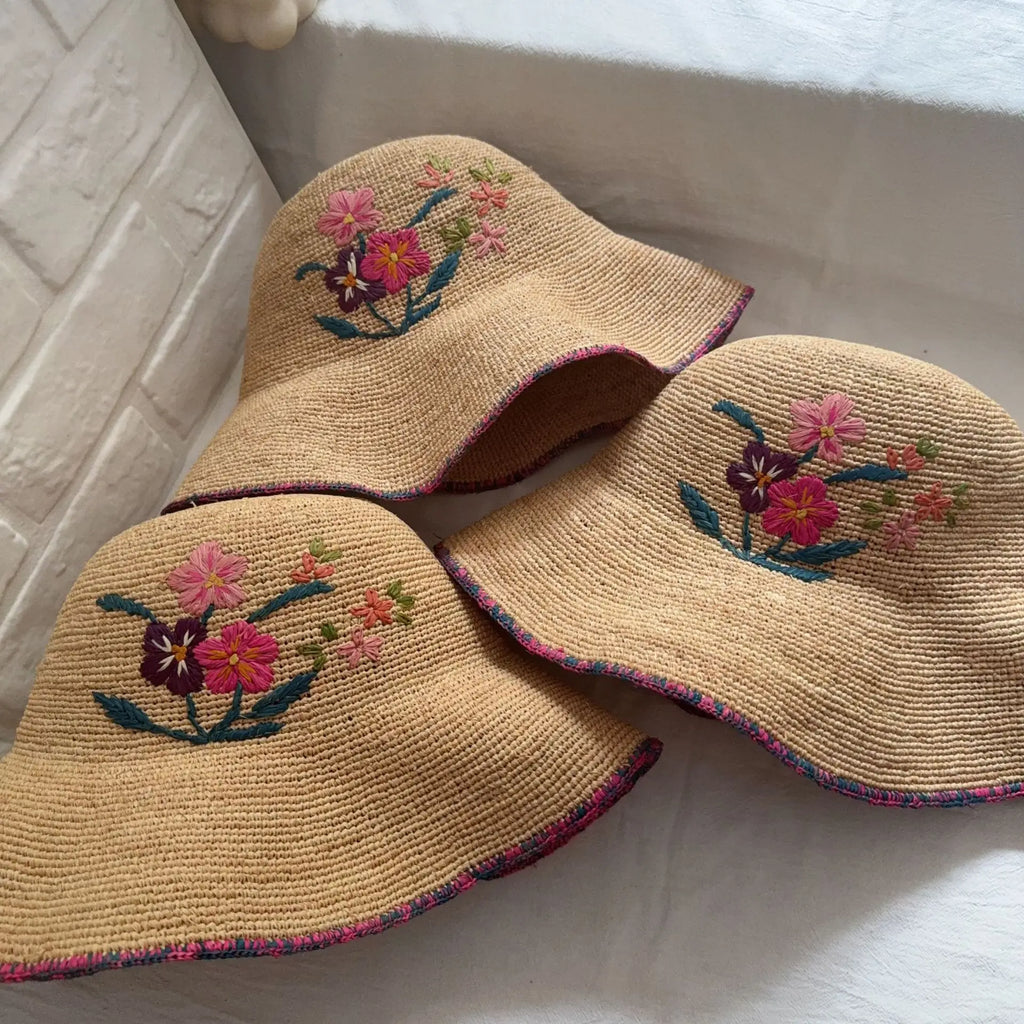 Floral Embroidered Woven Sun Hat