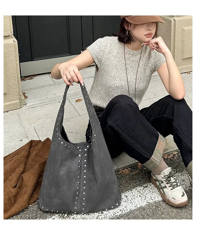 Studded Slouchy Shoulder Bag