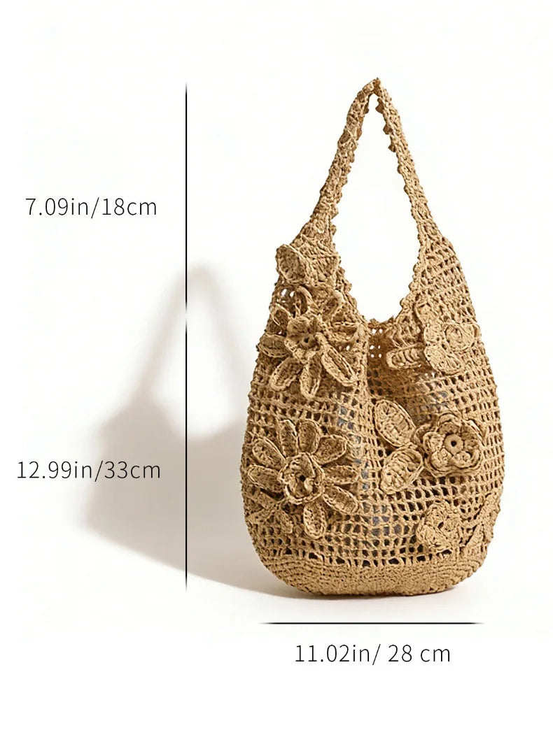 Floral Openwork Woven Tote
