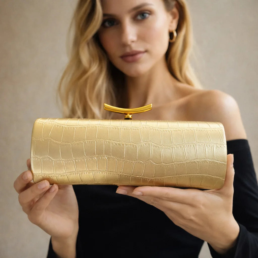 Croc-Embossed Cylinder Clutch Bag