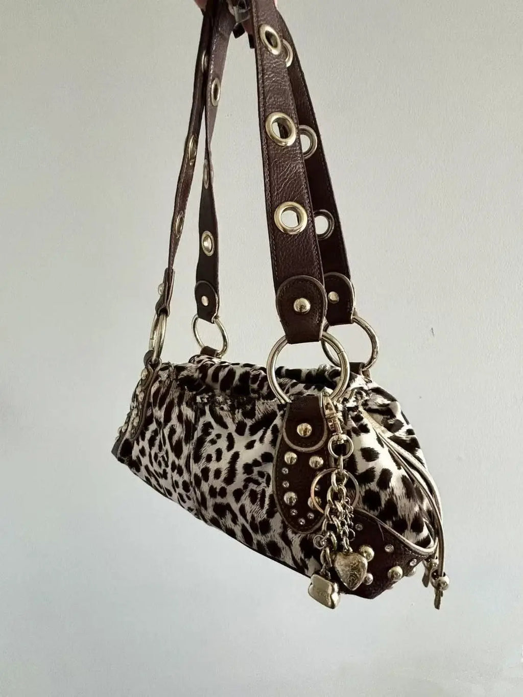 Leopard-Print Grommet Shoulder Bag