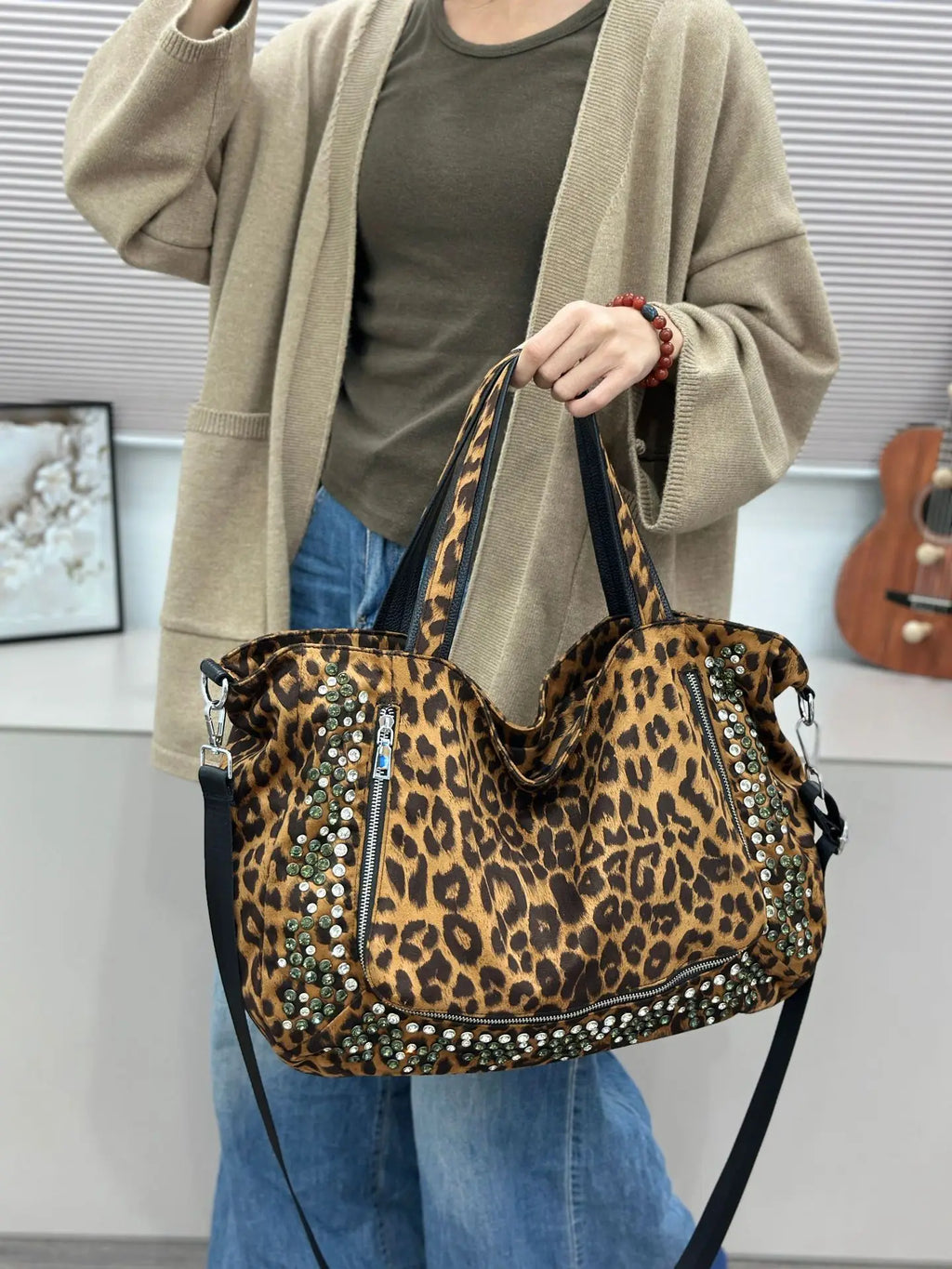 Studded Leopard-Print Tote Bag