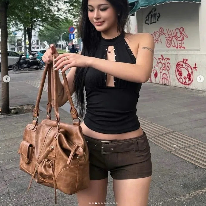 Double-Handle Pocket Shoulder Bag
