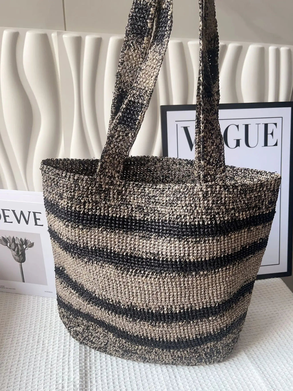 Striped Woven Basket Tote
