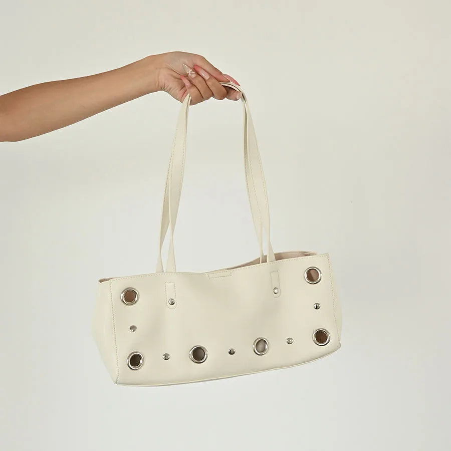 Grommet-Trim Shoulder Tote Bag