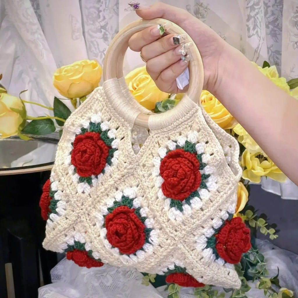 Floral Applique Round-Handle Handbag