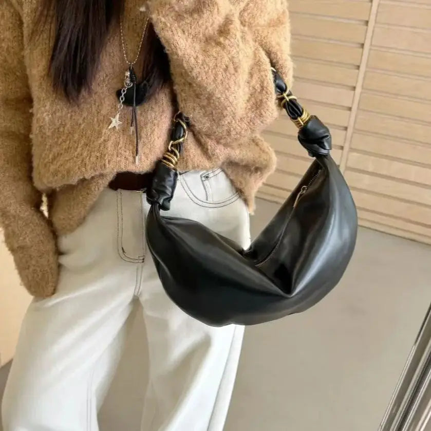 Chain-Trim Crescent Shoulder Bag