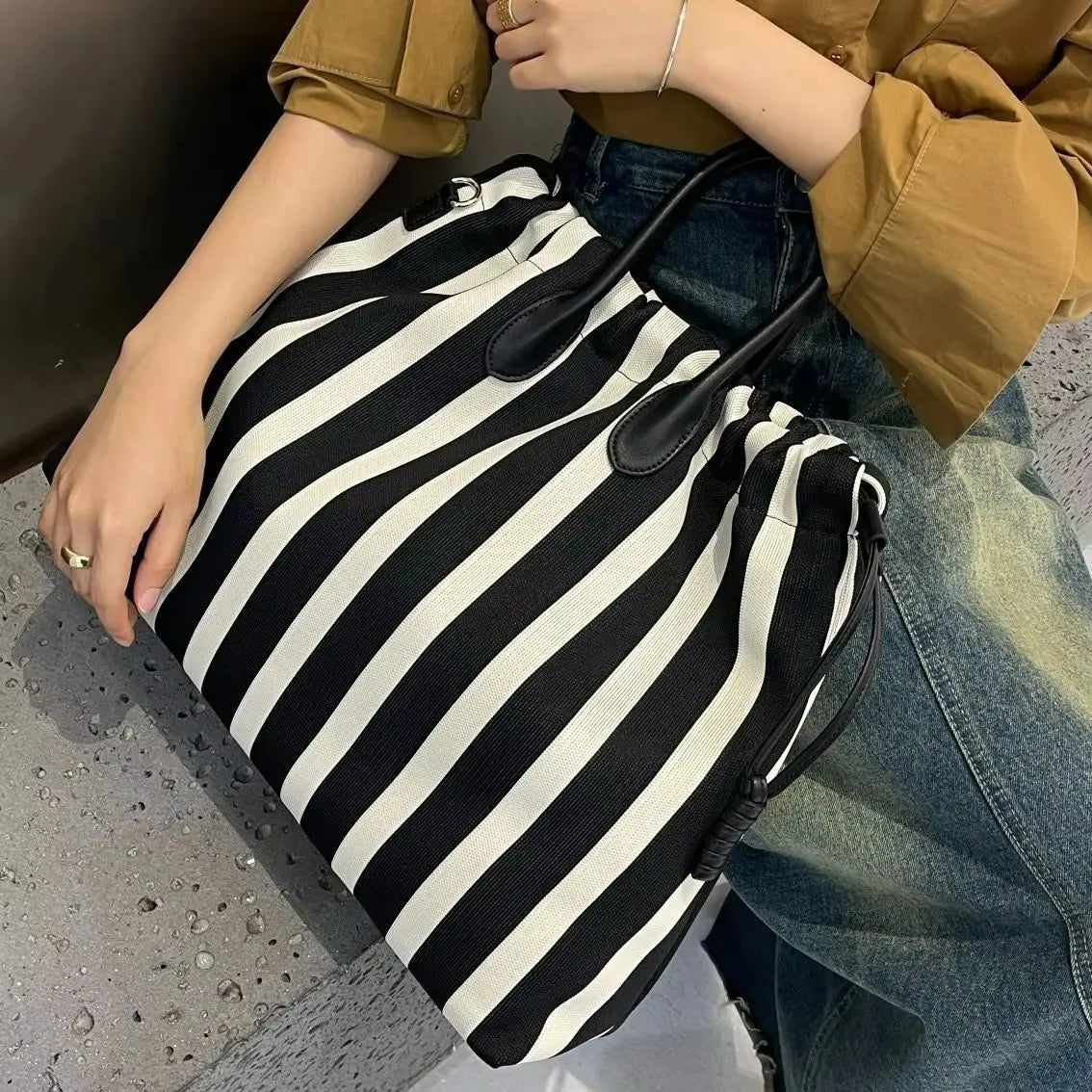 Striped Drawstring Tote Bag