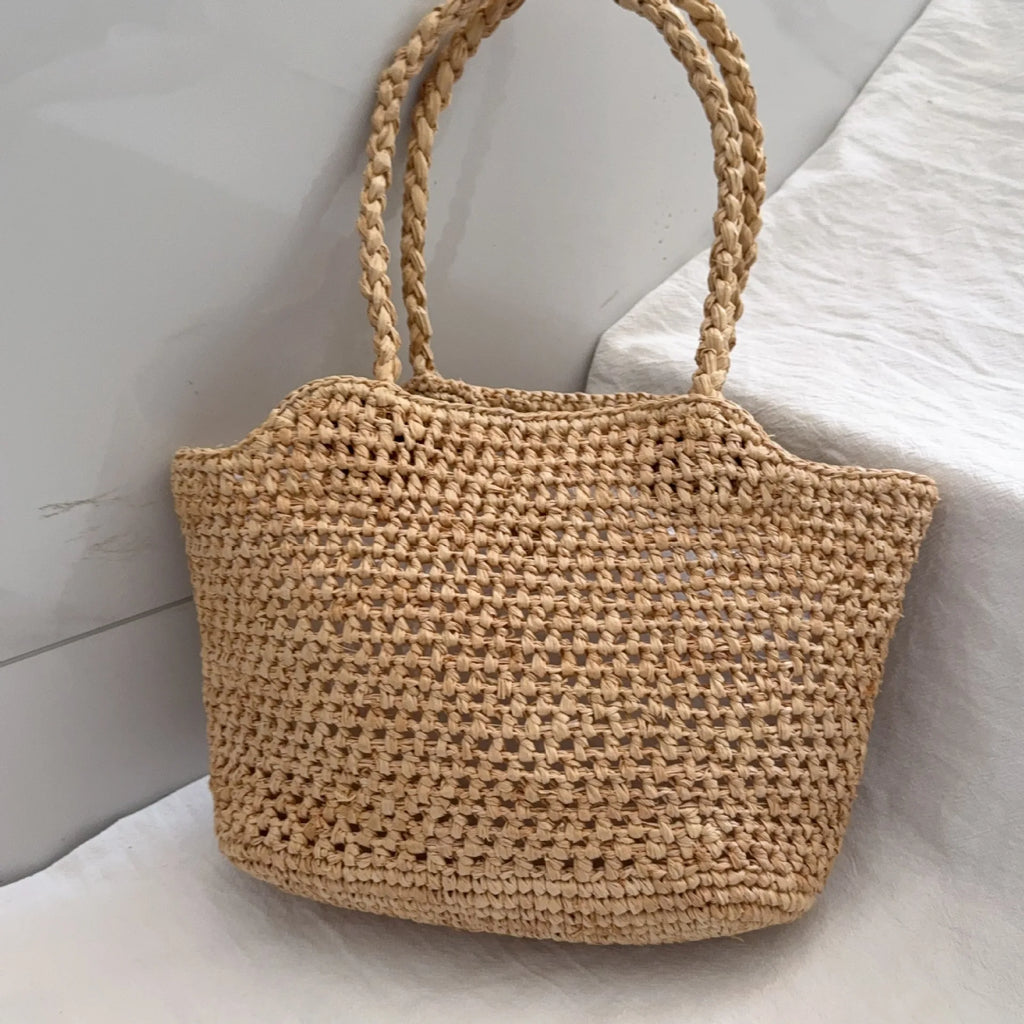 Rose-Applique Woven Tote Bag