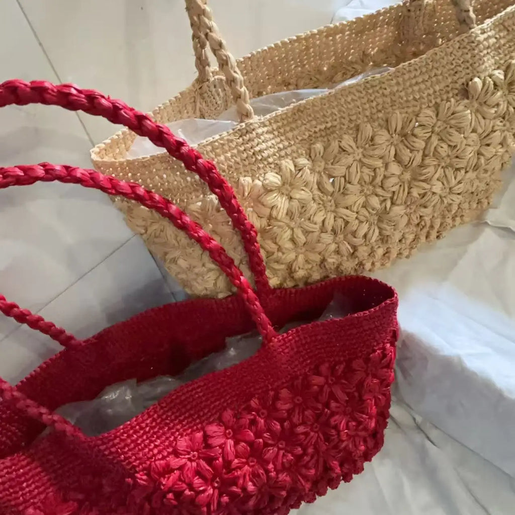 Floral-Textured Woven Tote Bag