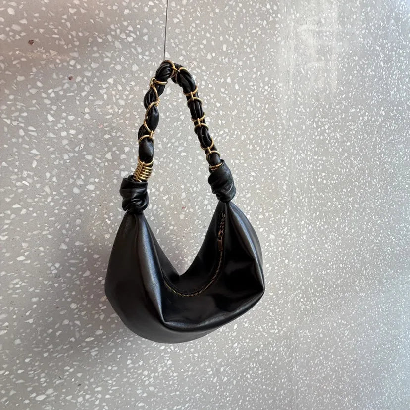 Chain-Trim Crescent Shoulder Bag