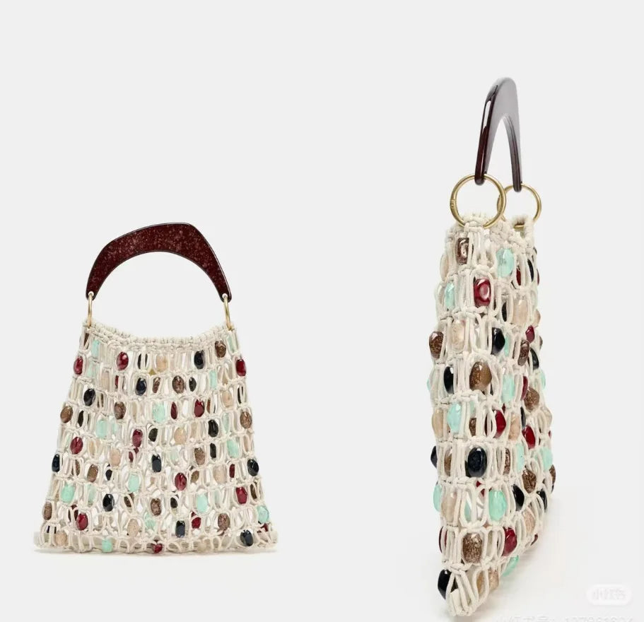 Beaded Openwork Top-Handle Bag